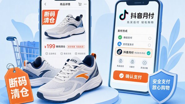 安踏断码男鞋在抖音下单使用月付付款的入口示意图