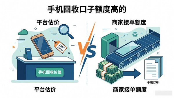 手机回收口子额度对比示意图，平台自营回收与回收商家接单上限的差别