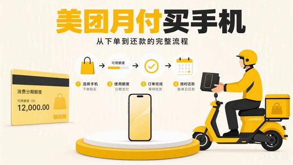 美团月付买手机的流程示意图，手机商品、额度卡片与账单分期