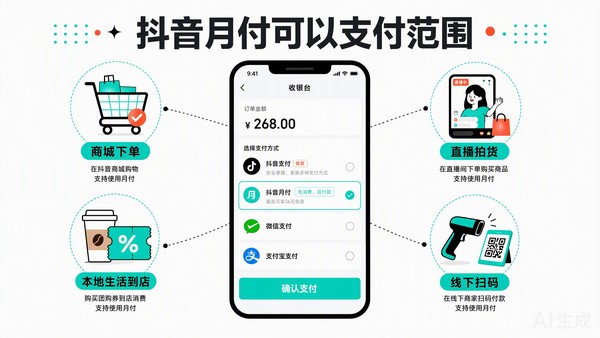 抖音月付可以支付范围说明图，含商城下单、直播拍货、本地生活到店与线下扫码四个场景