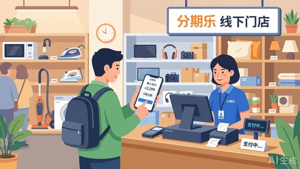杭州分期乐线下门店说明图，展示到店分期买真实商品、按月还款的场景