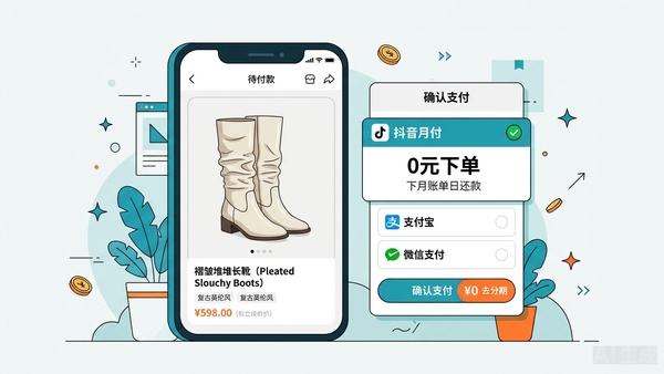 堆堆靴与抖音月付结账页示意图