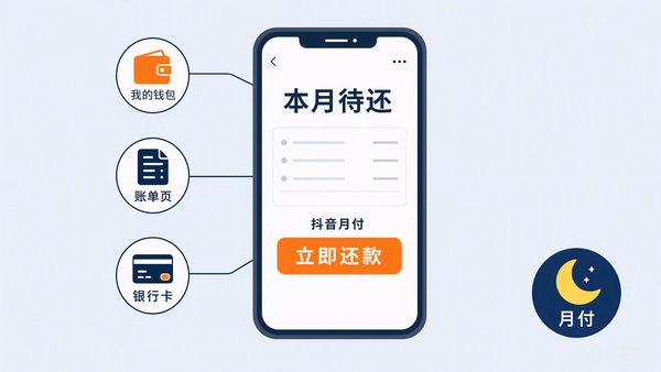 抖音月付还款入口示意图，手机账单页面标注立即还款按钮与两层入口路径