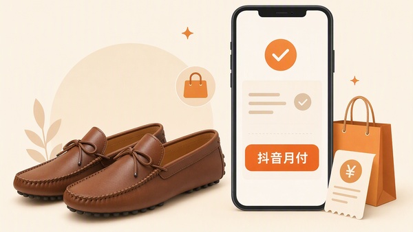 支持抖音月付的豆豆鞋，手机支付确认页显示月付按钮与一双棕色豆豆鞋